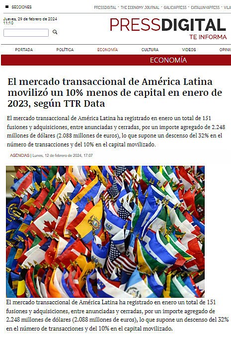 El mercado transaccional de Amrica Latina moviliz un 10% menos de capital en enero de 2023, segn TTR Data